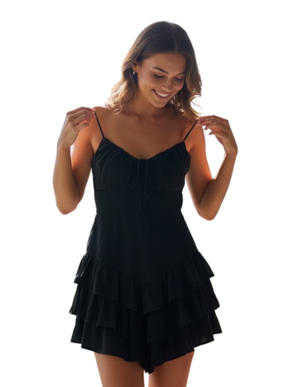 Forever 21 Black Sun Dress Tiered Ruffle A Line Skirt Tie Back, Adjustable M NWT